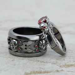 Matching Skull Engagement Rings Set His Her Couple Gothic Ring