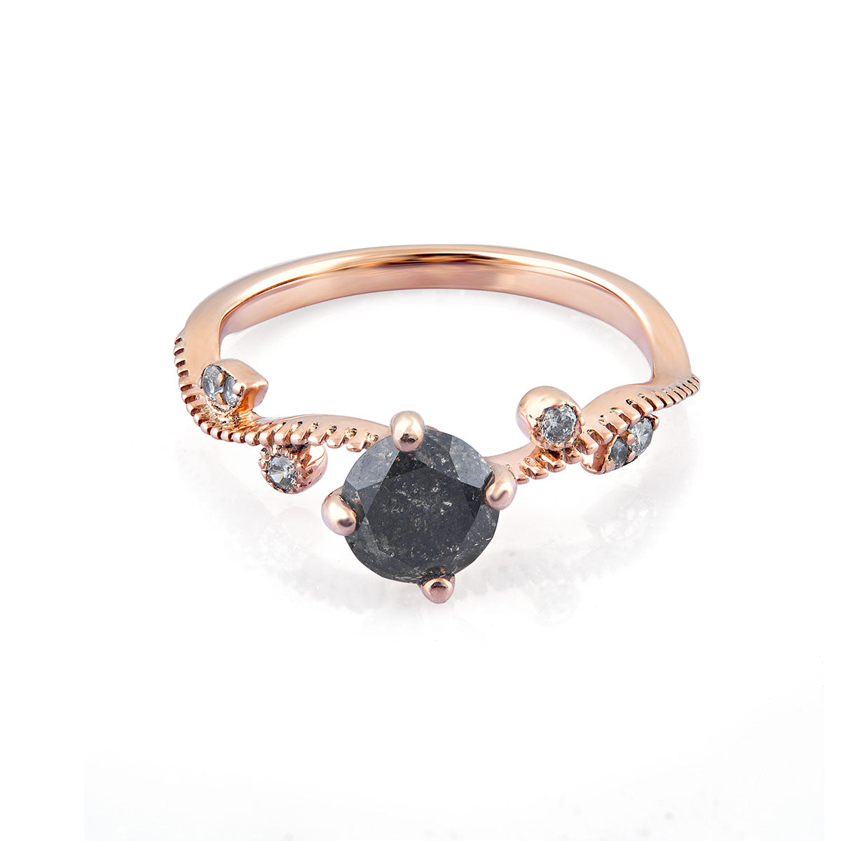 1.02TCW Salt and Pepper Diamond Ring Leaf Wavy Promise Ring