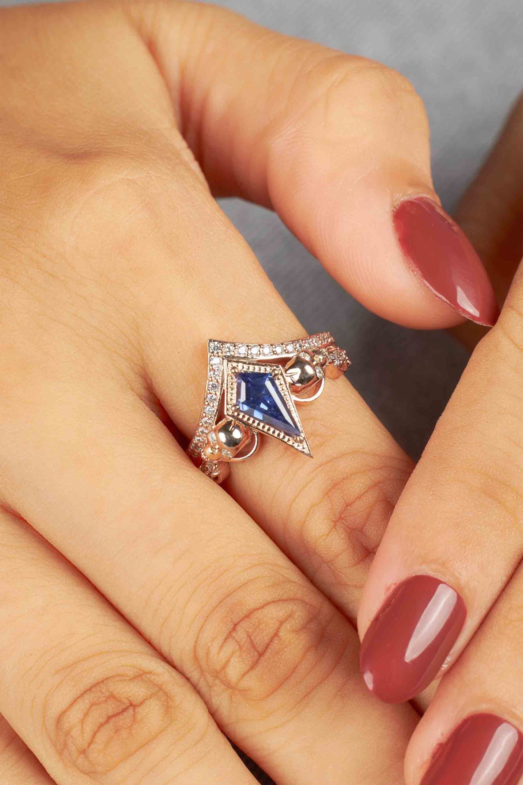 Skull Ring Blue Titanic Gemstone Kite Cut Engagement Ring Art Deco Rose Gold Gothic