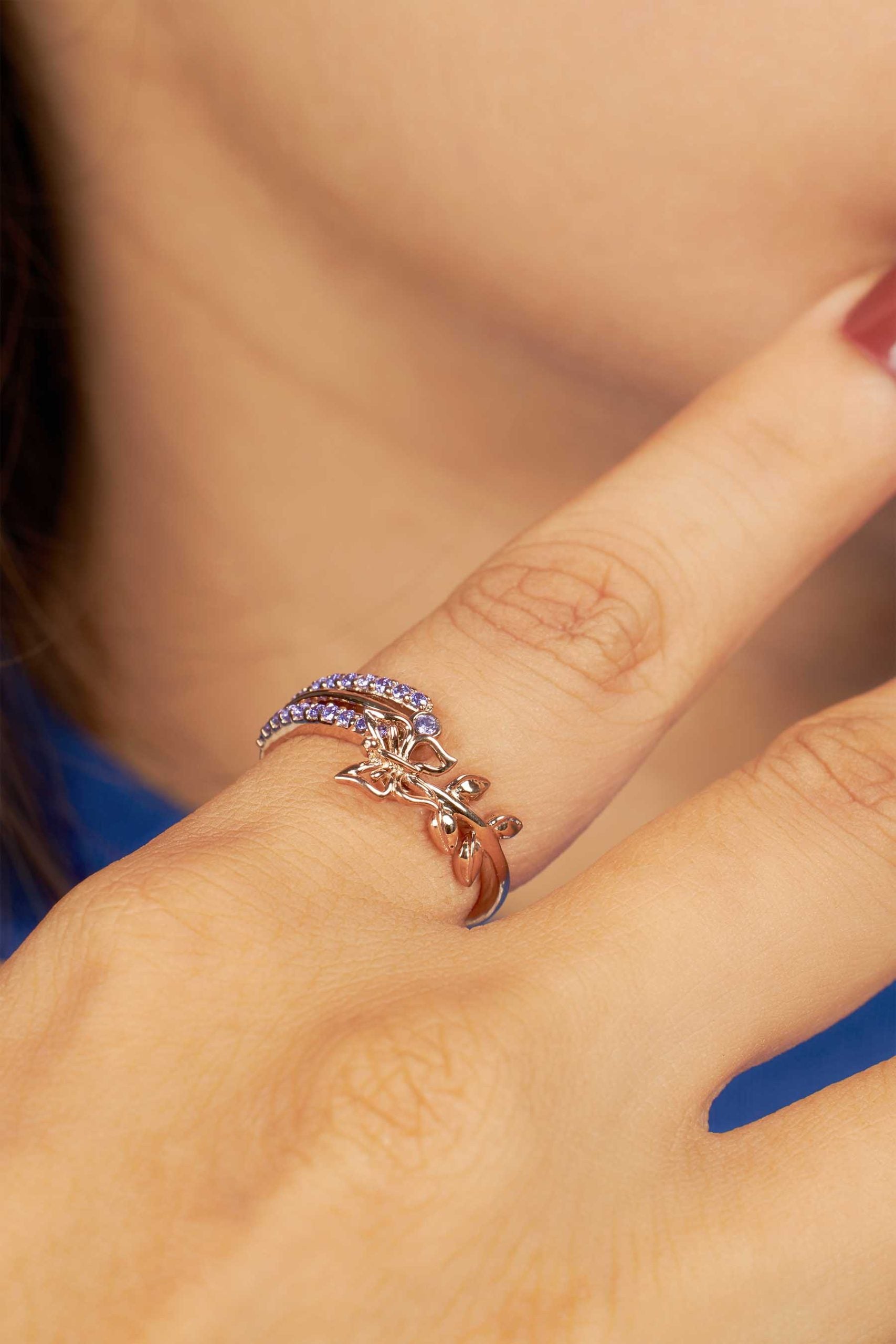 Butterfly Ring Purple Natural Amethyst Rose Gold Engagement Rings Nature Inspired Jewelry