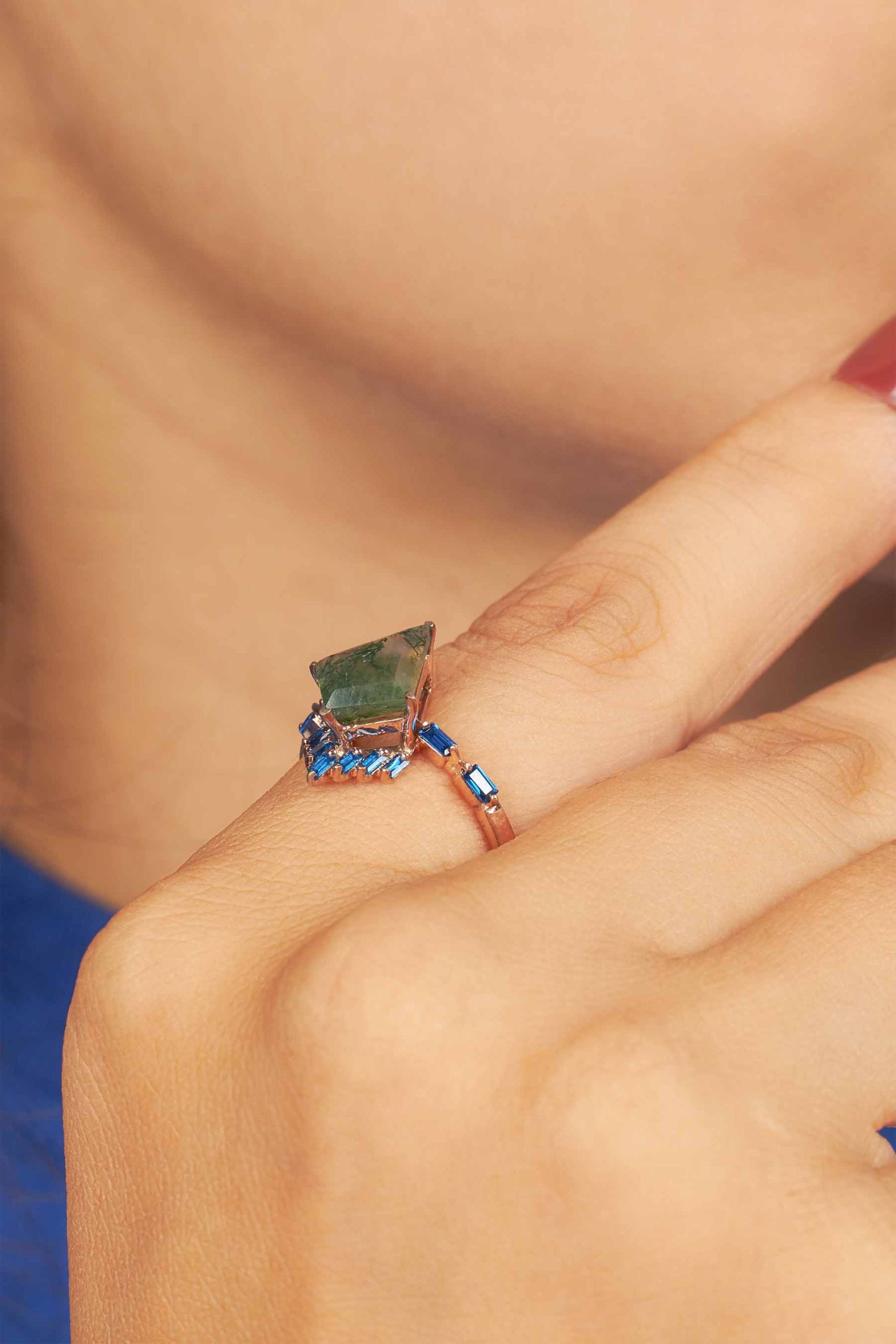 Kite Cut Moss Agate Ring Rose Gold Statement Engagement Rings
