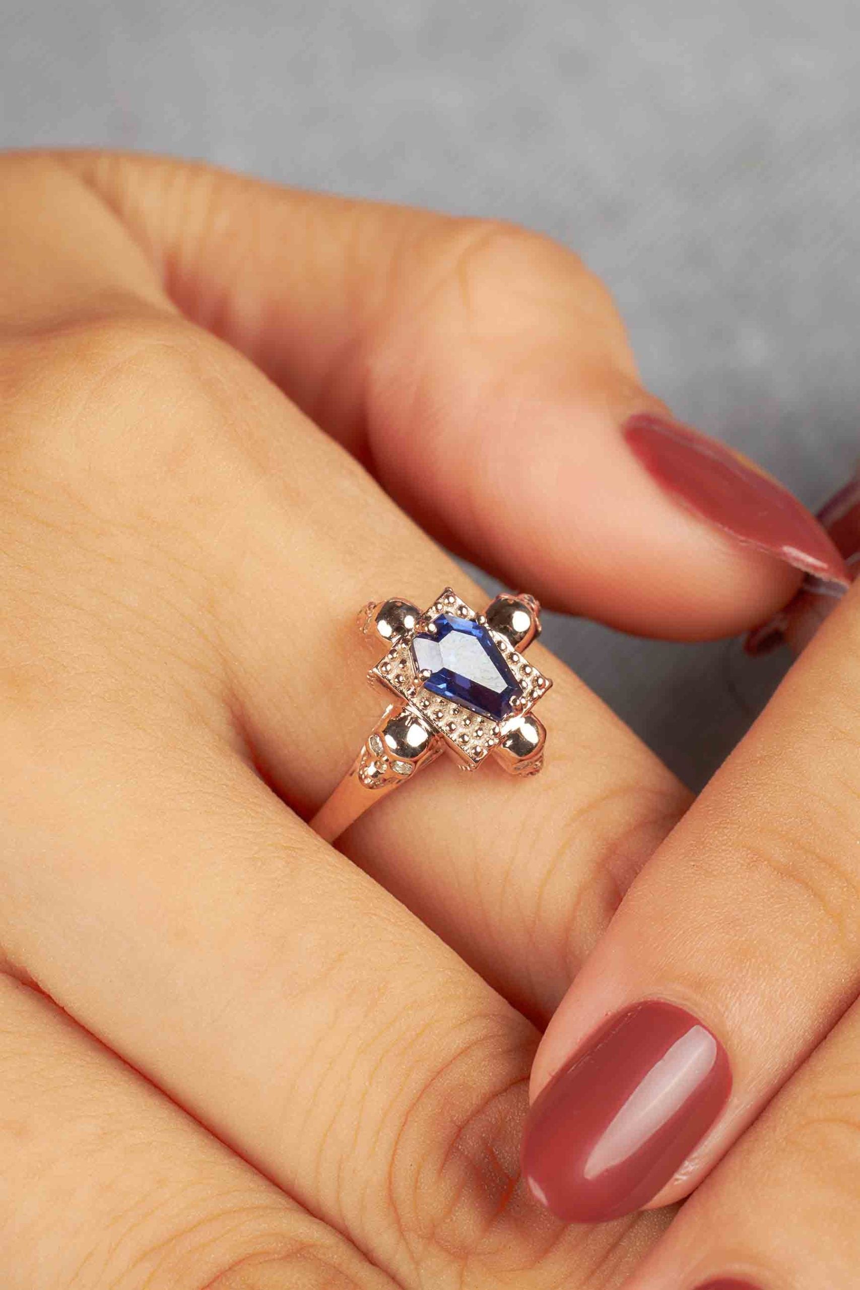 Skull Coffin Ring for Women Rose Gold Gothic Engagement Rings Blue Gemstone
