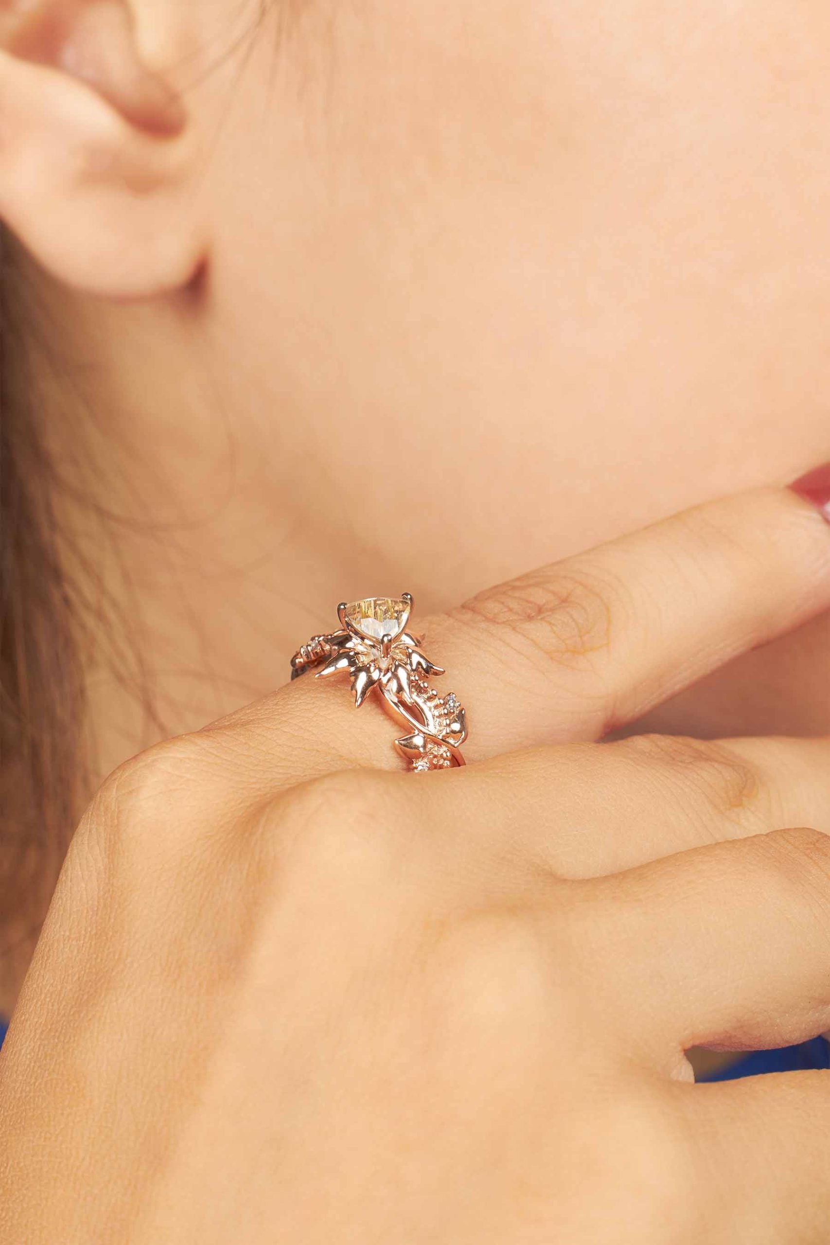 Yellow Rutilated Quartz Ring Floral Flower Art Deco Engagement Rings Rose Gold Infinity