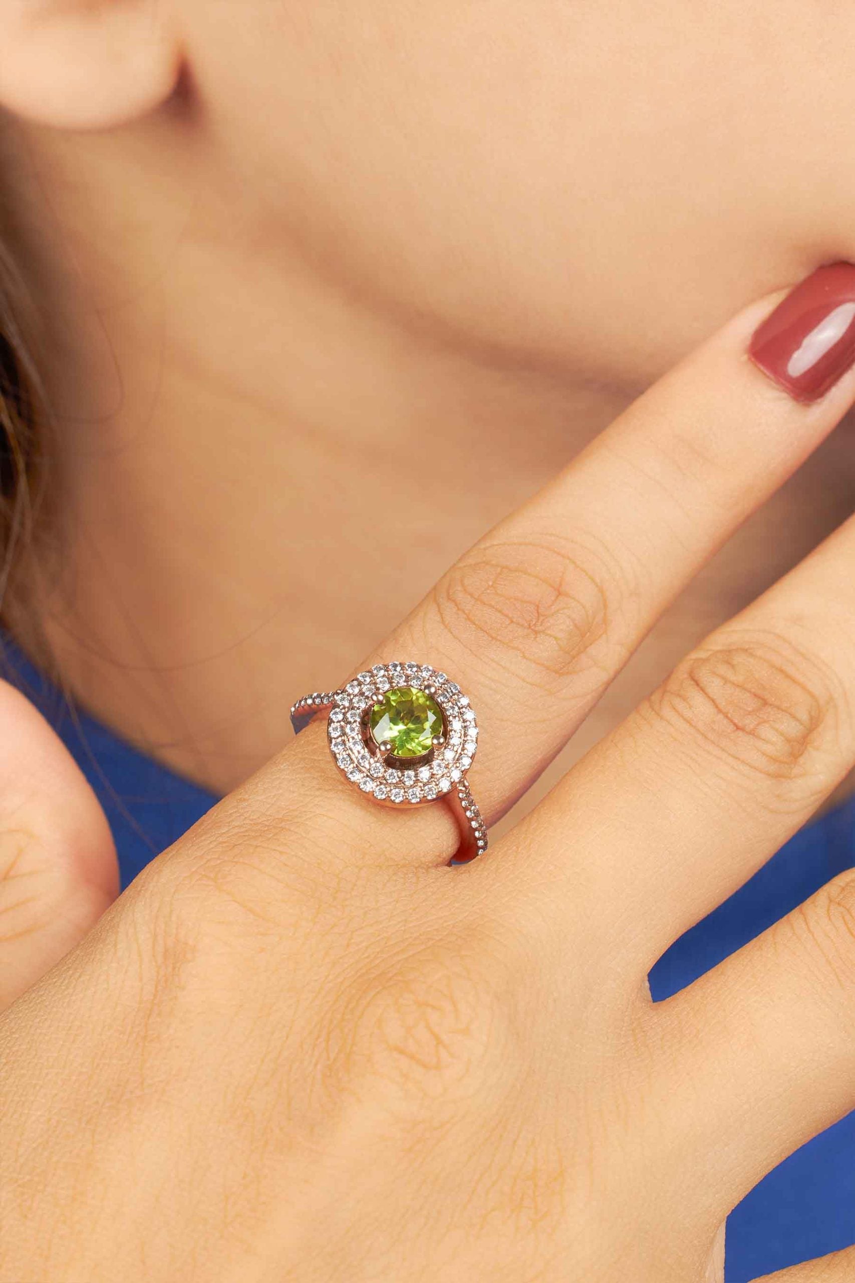 Double Halo Statement Ring Cocktail Party Peridot Engagement Rings Rose Gold