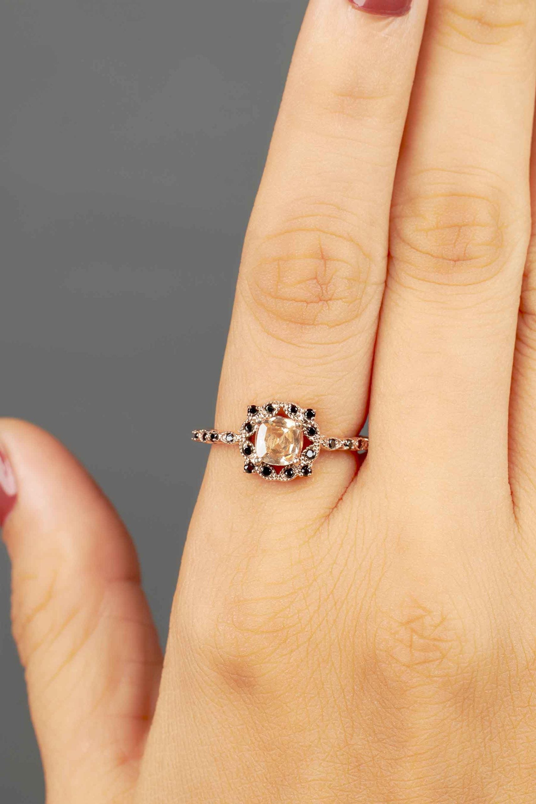 Vintage Engagement Ring Set 14k Rose Gold Cushion Cut CZ