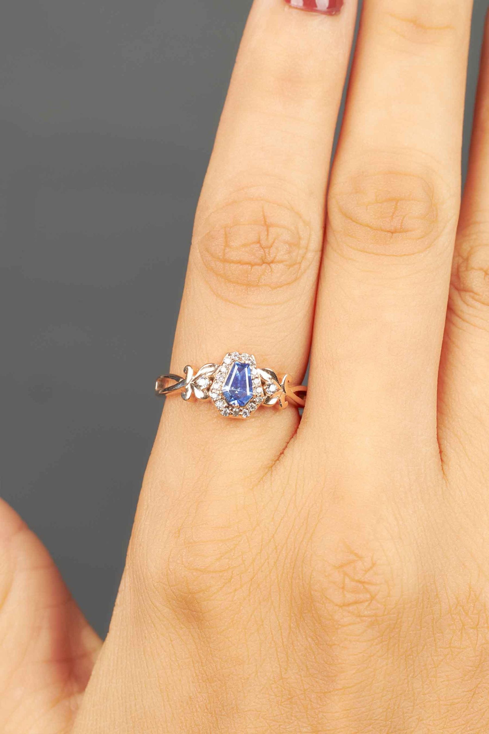 Art Nouveau Coffin Ring Blue Titanic Gemstone Engagement Rings Rose Gold