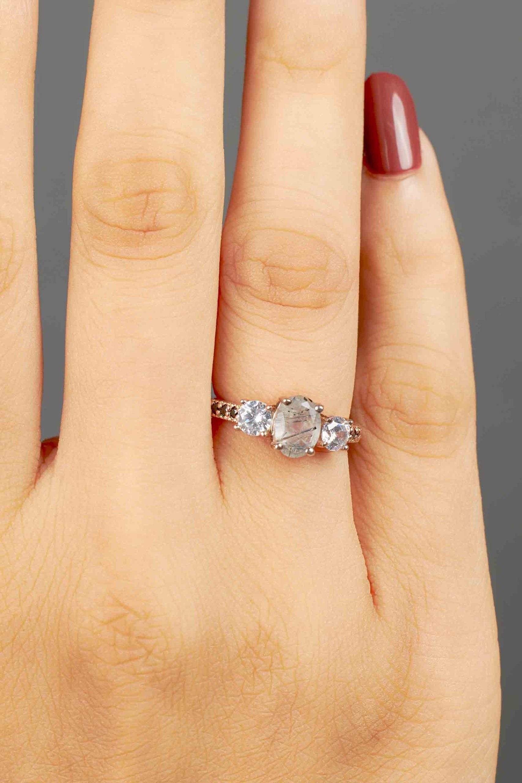 Rutilated Quartz Engagement Ring Set 3 Stone Bridal Rings