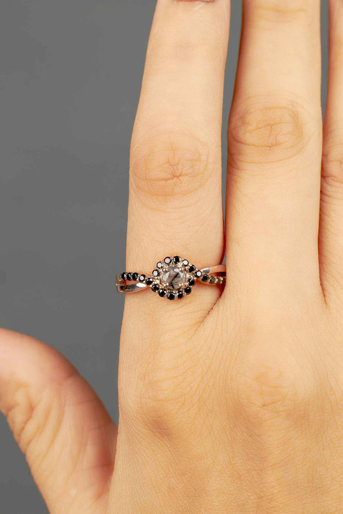 Natural Rutile Quartz Rutilated Quartz Black Gemstone Crossover Engagement Ring Rose Gold
