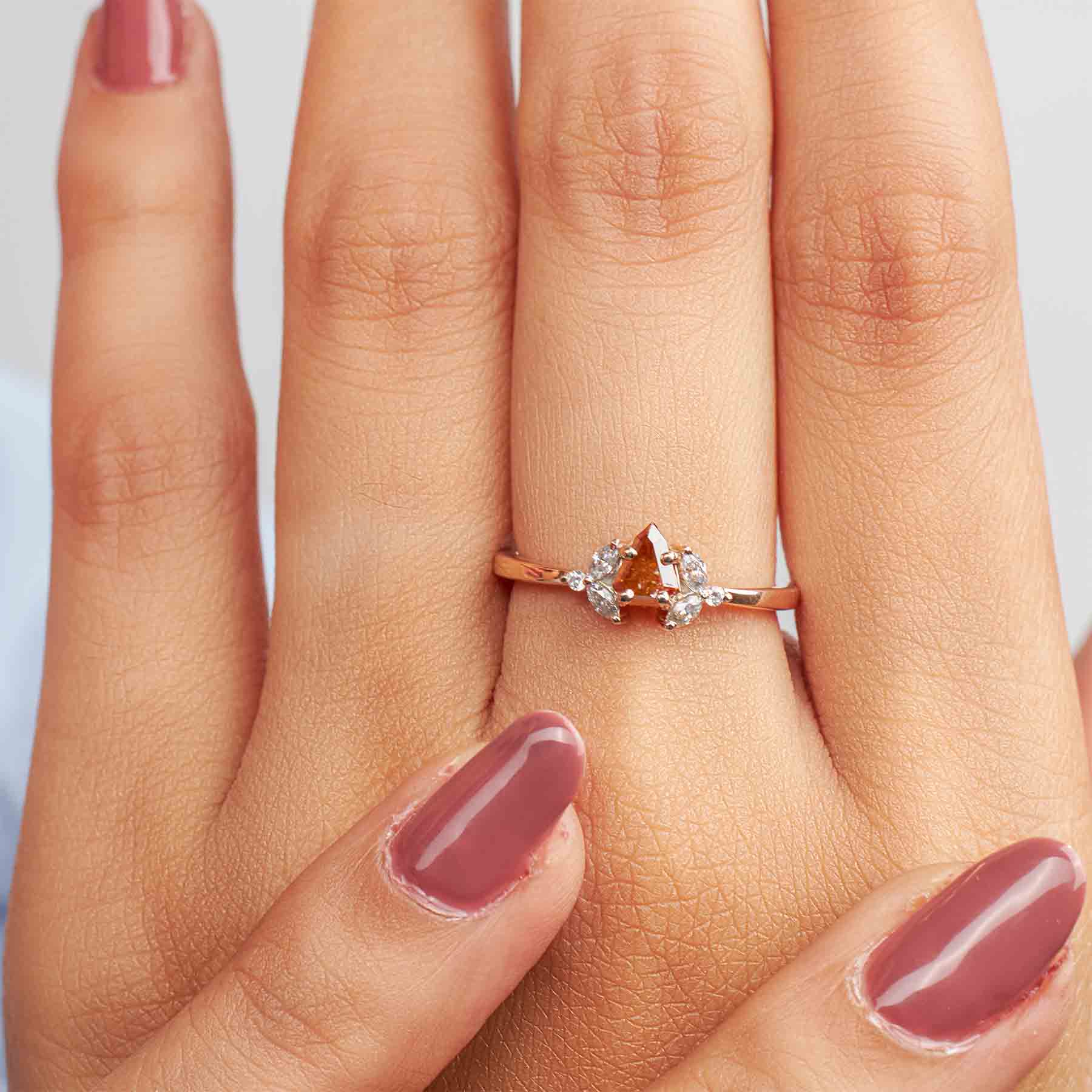 Shield Cut Orange Natural Rustic Diamond and Moissanite Ring