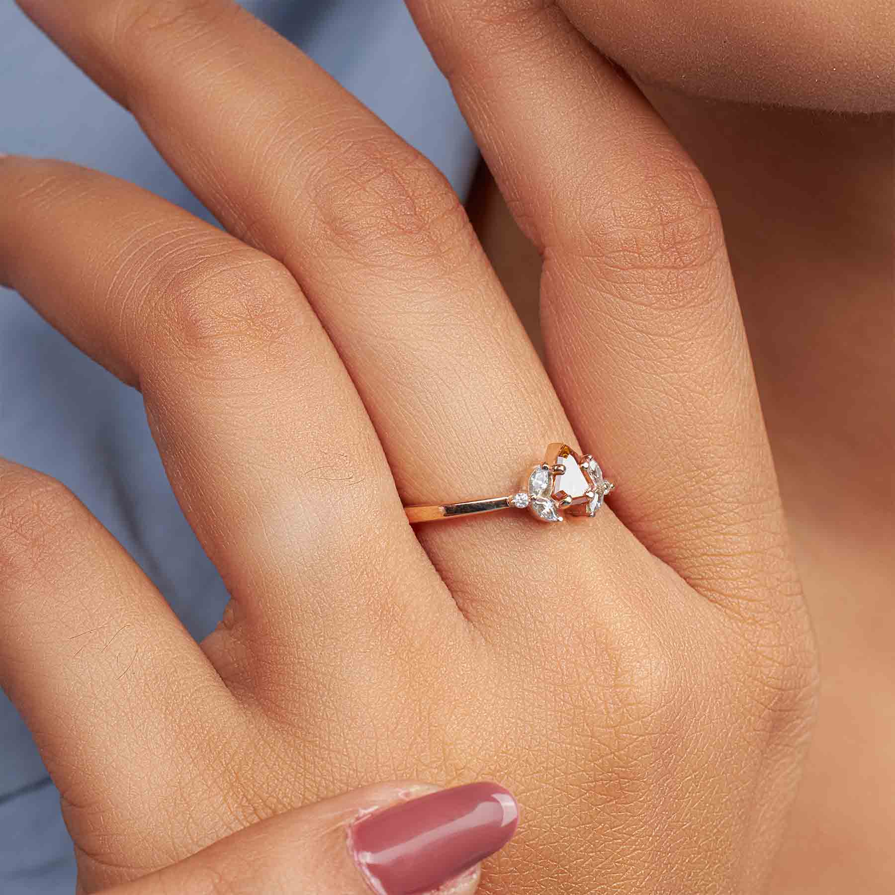 Shield Cut Orange Natural Rustic Diamond and Moissanite Ring