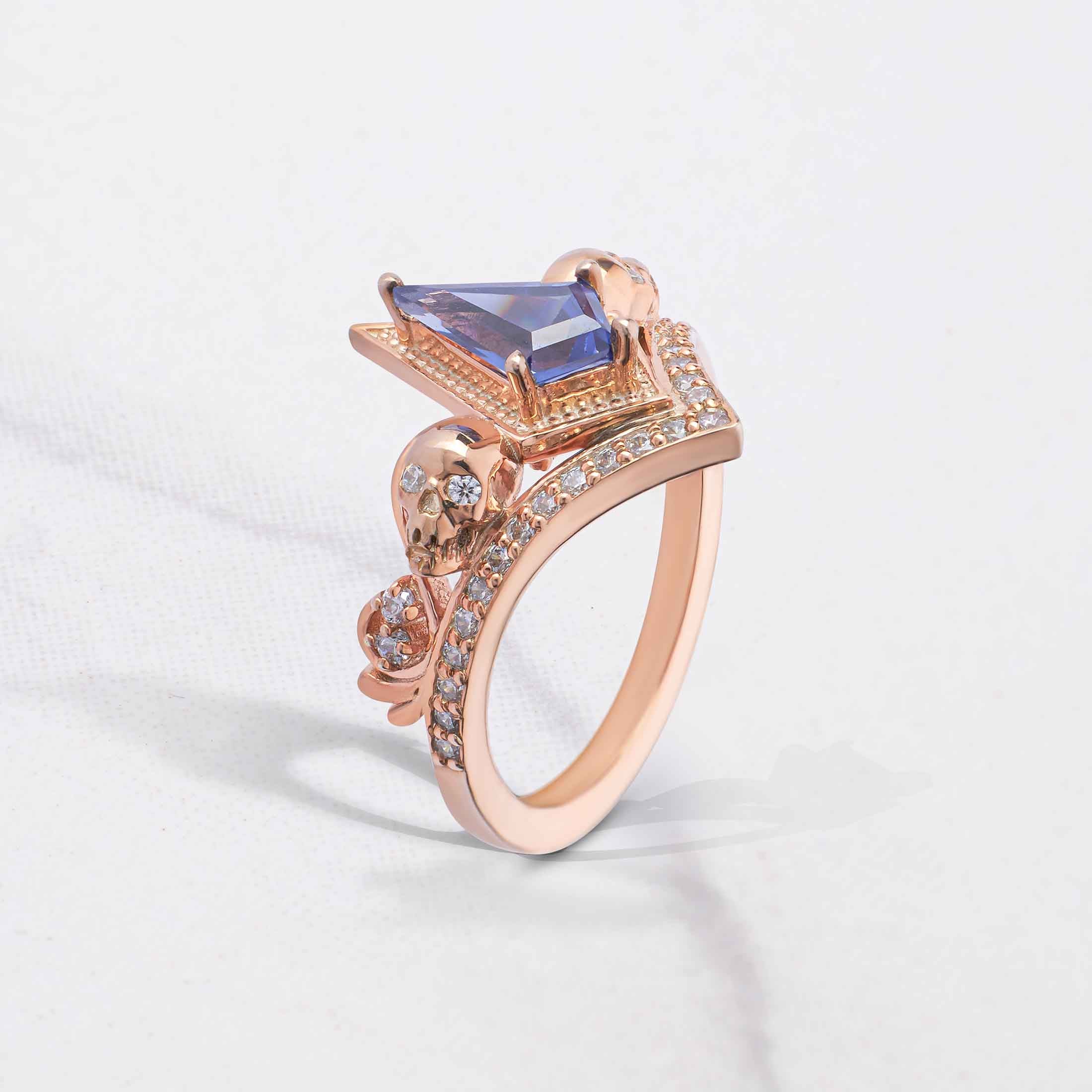 Skull Ring Blue Titanic Gemstone Kite Cut Engagement Ring Art Deco Rose Gold Gothic
