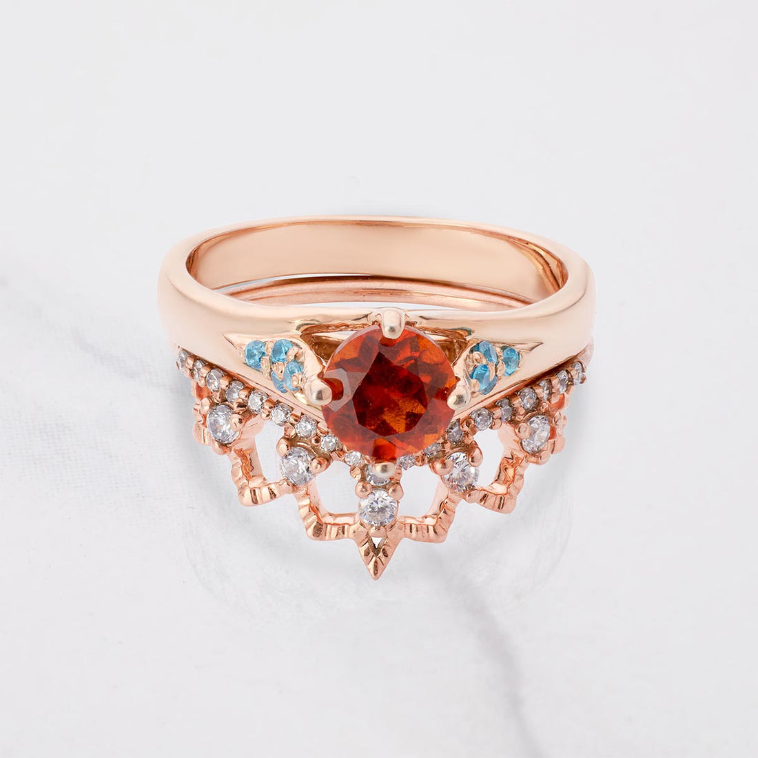 Cocktail Engagement Ring Set Orange Sapphire Bridal Rings