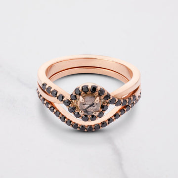 Rutile Quartz Engagement Ring Set 14k Rose Gold Bridal Rings