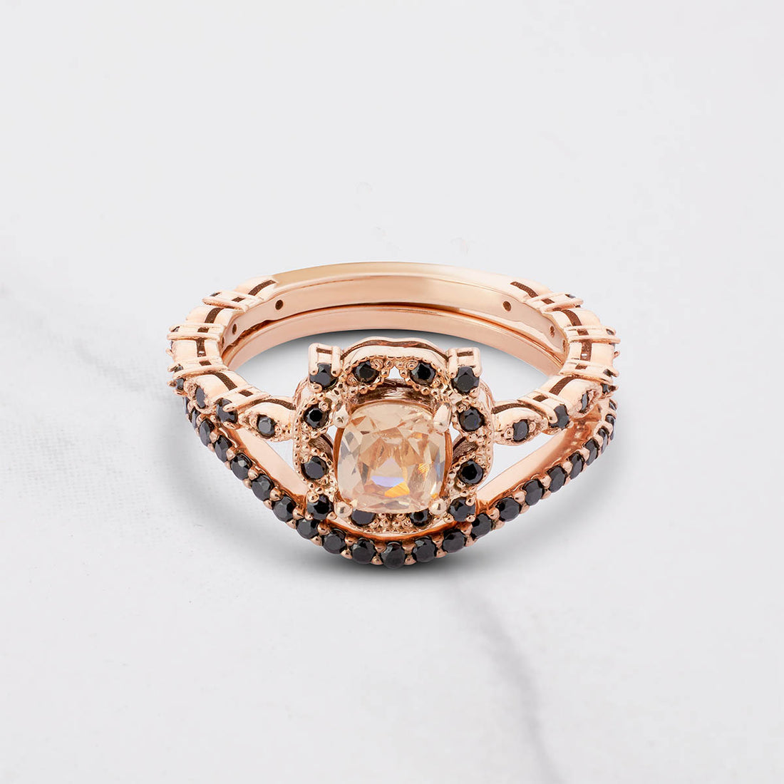 Vintage Engagement Ring Set 14k Rose Gold Cushion Cut CZ