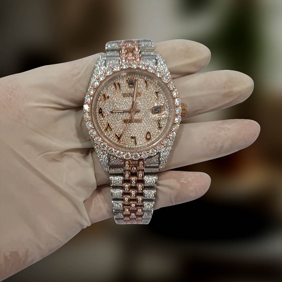 Iced Out Rolex Watch Datejust Jubilee 41 Arabic Two Tone Rose and White Rhodium Plated