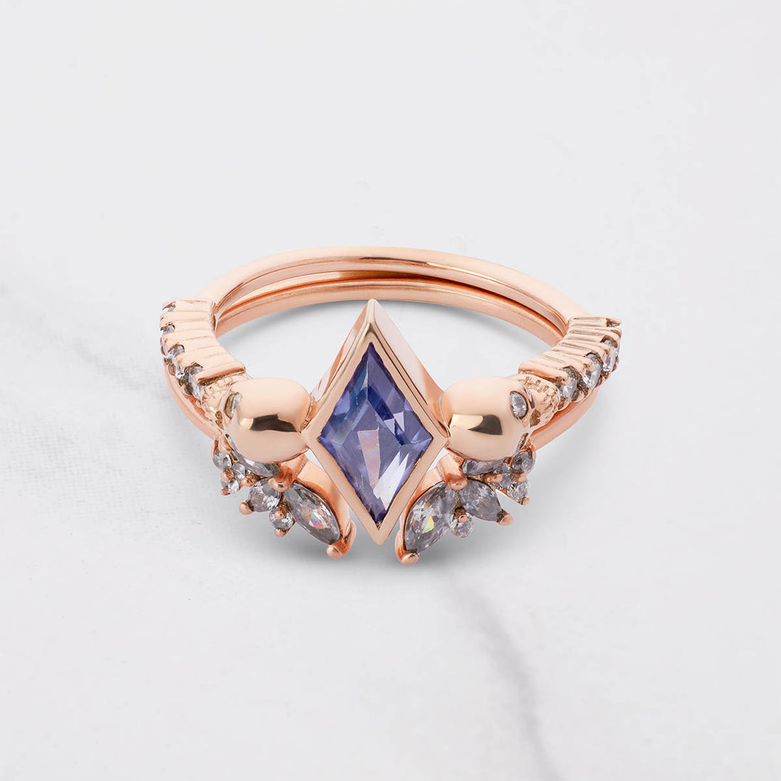 Blue Titanic Gemstone Skull Ring Set Gothic Engagement Wedding Ring Rose Gold Kite Cut