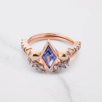 Blue Titanic Gemstone Skull Ring Set Gothic Engagement Wedding Ring Rose Gold Kite Cut