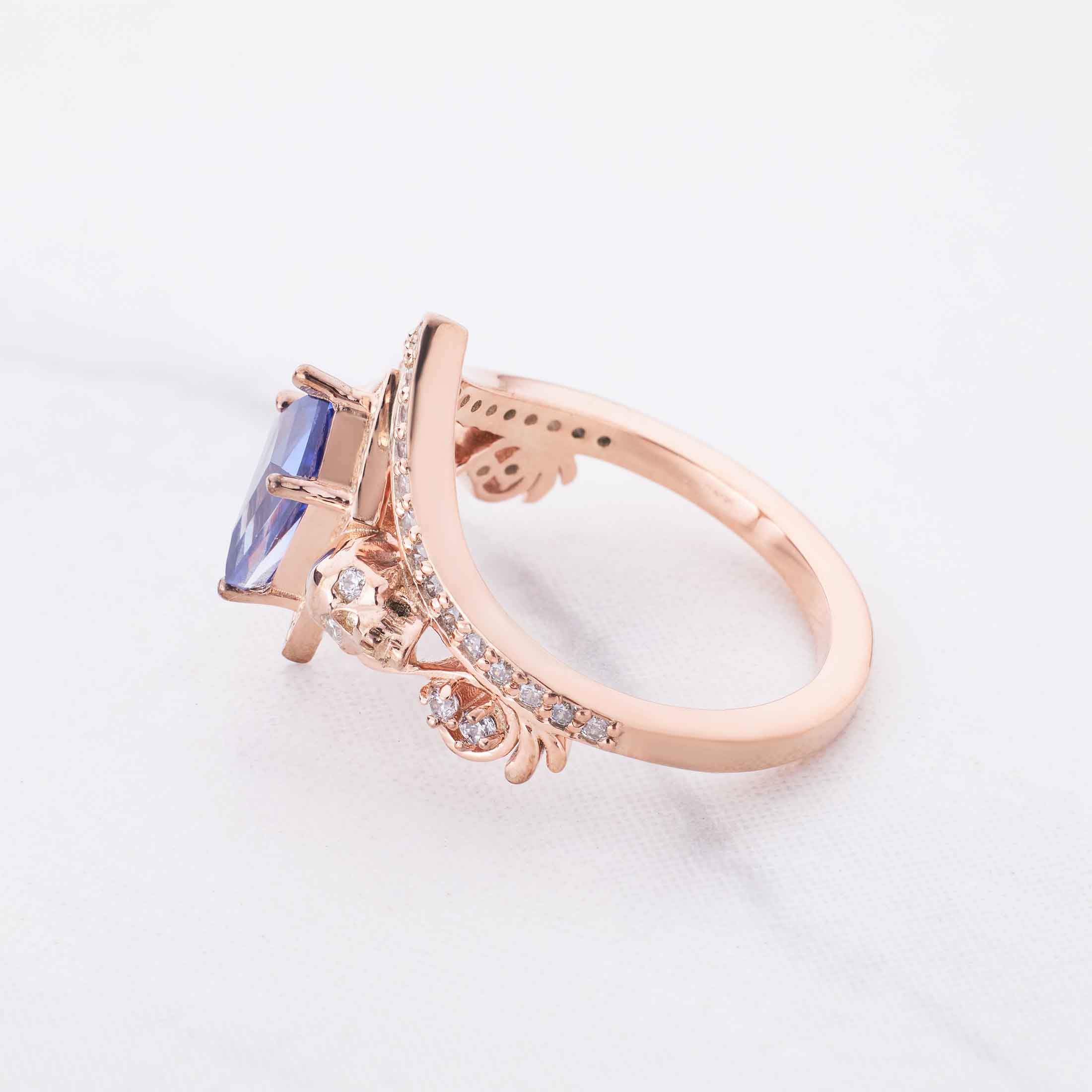 Skull Ring Blue Titanic Gemstone Kite Cut Engagement Ring Art Deco Rose Gold Gothic