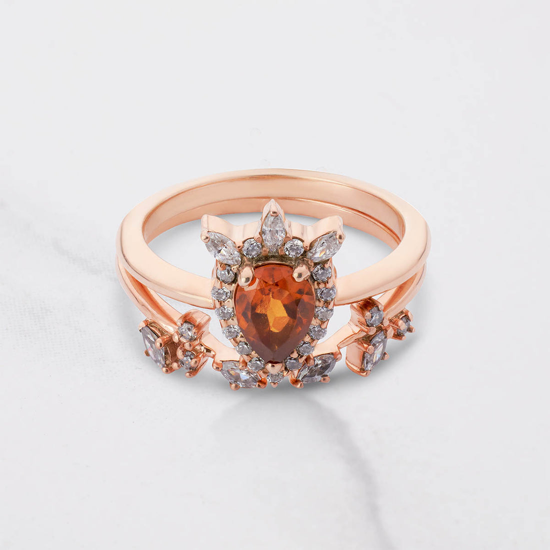 Teardrop Hessonite Engagement Ring Rose Gold Halo Bridal Set