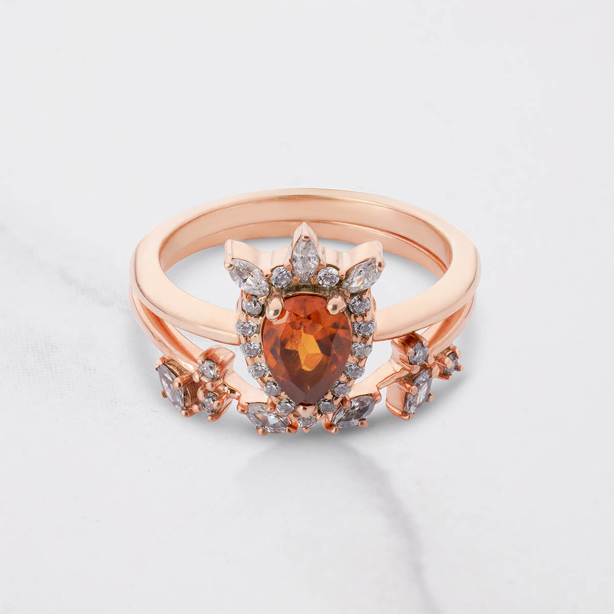 Teardrop Hessonite Engagement Ring Rose Gold Halo Bridal Set