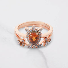 Teardrop Hessonite Engagement Ring Rose Gold Halo Bridal Set