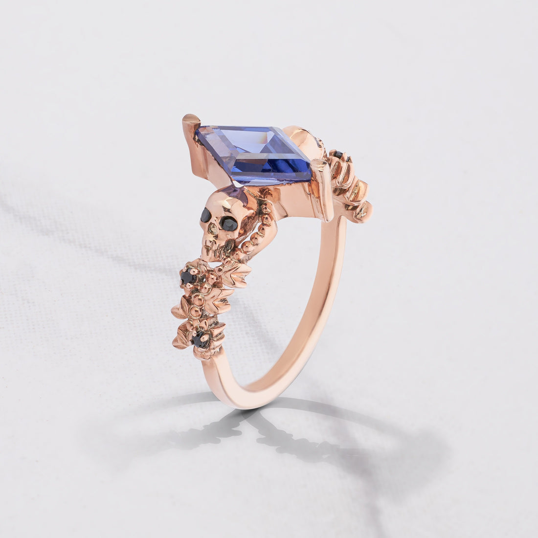 Floral Art Deco Skull Ring Blue Titanic Gemstone Kite Cut Gothic Engagement Rings Rose gold