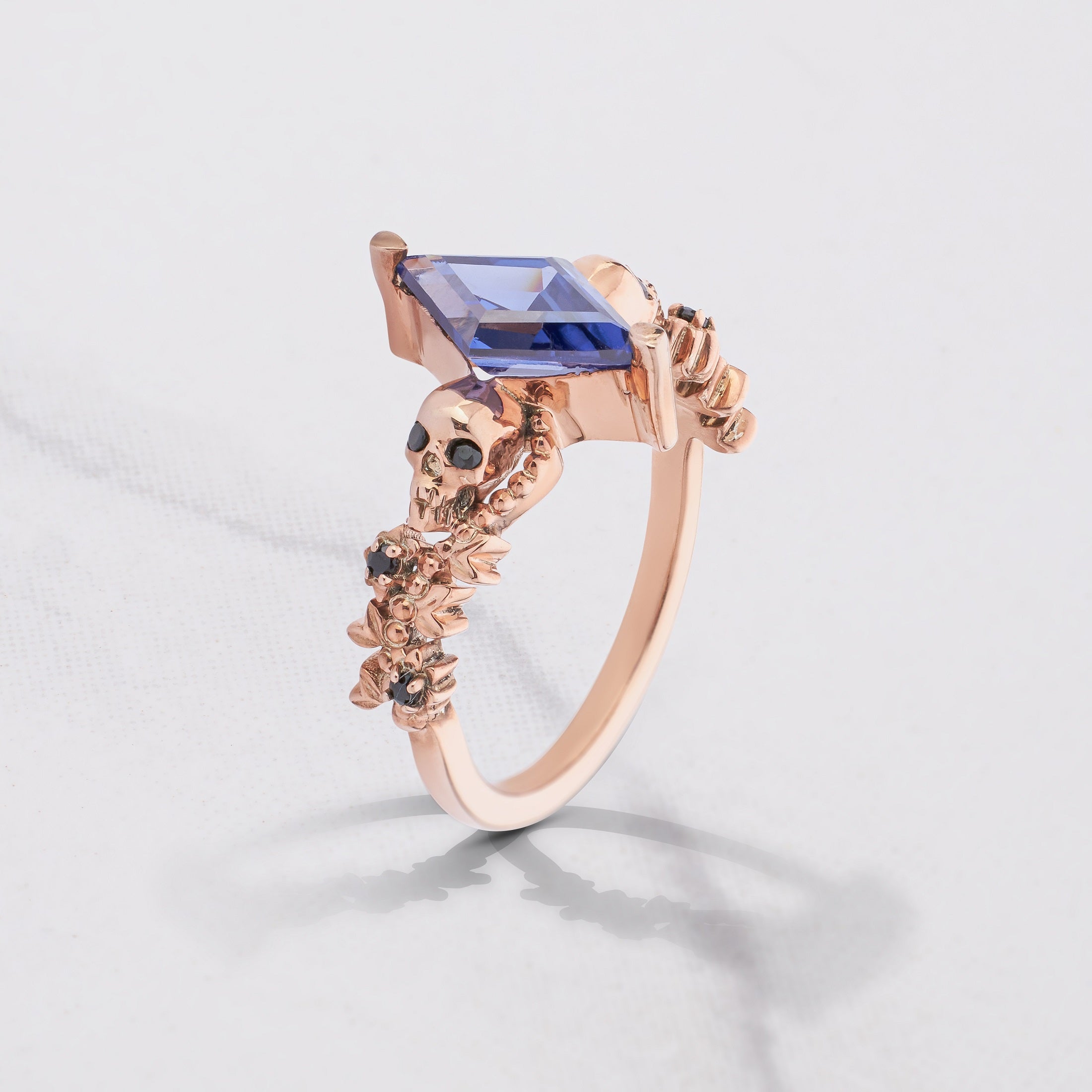 Floral Art Deco Skull Ring Blue Titanic Gemstone Kite Cut Gothic Engagement Rings Rose gold
