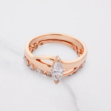Marquise Diamond Ring Set Rose Gold Solitaire Bridal Rings Set