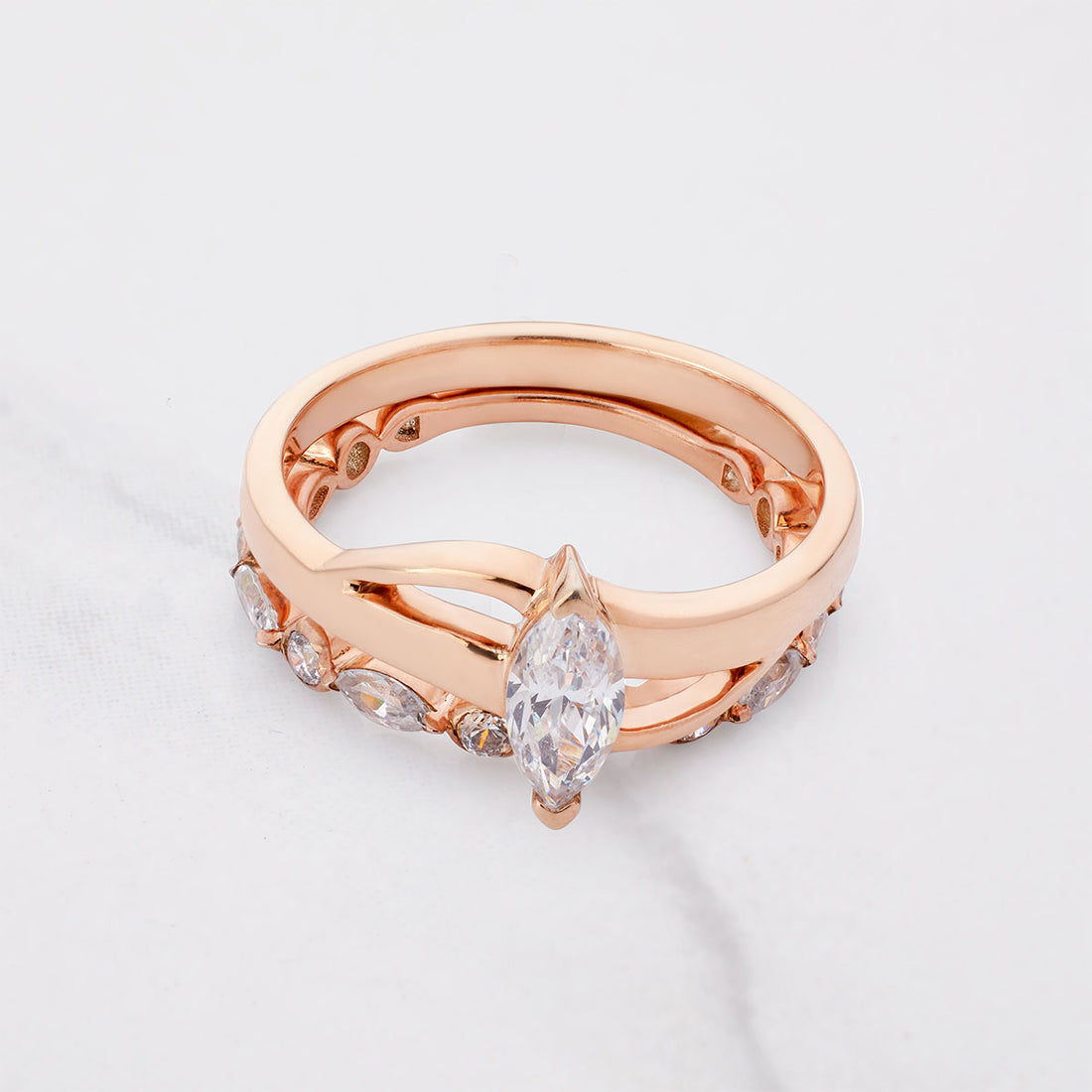 Marquise Diamond Ring Set Rose Gold Solitaire Bridal Rings Set