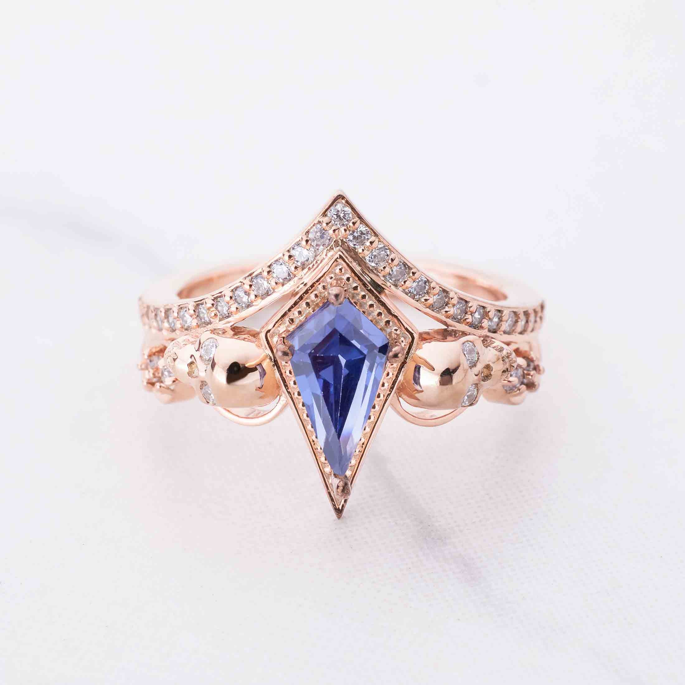 Skull Ring Blue Titanic Gemstone Kite Cut Engagement Ring Art Deco Rose Gold Gothic