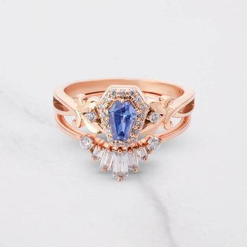 Art Nouveau Coffin Bridal Ring Set Tiara Wedding Band Rose Gold