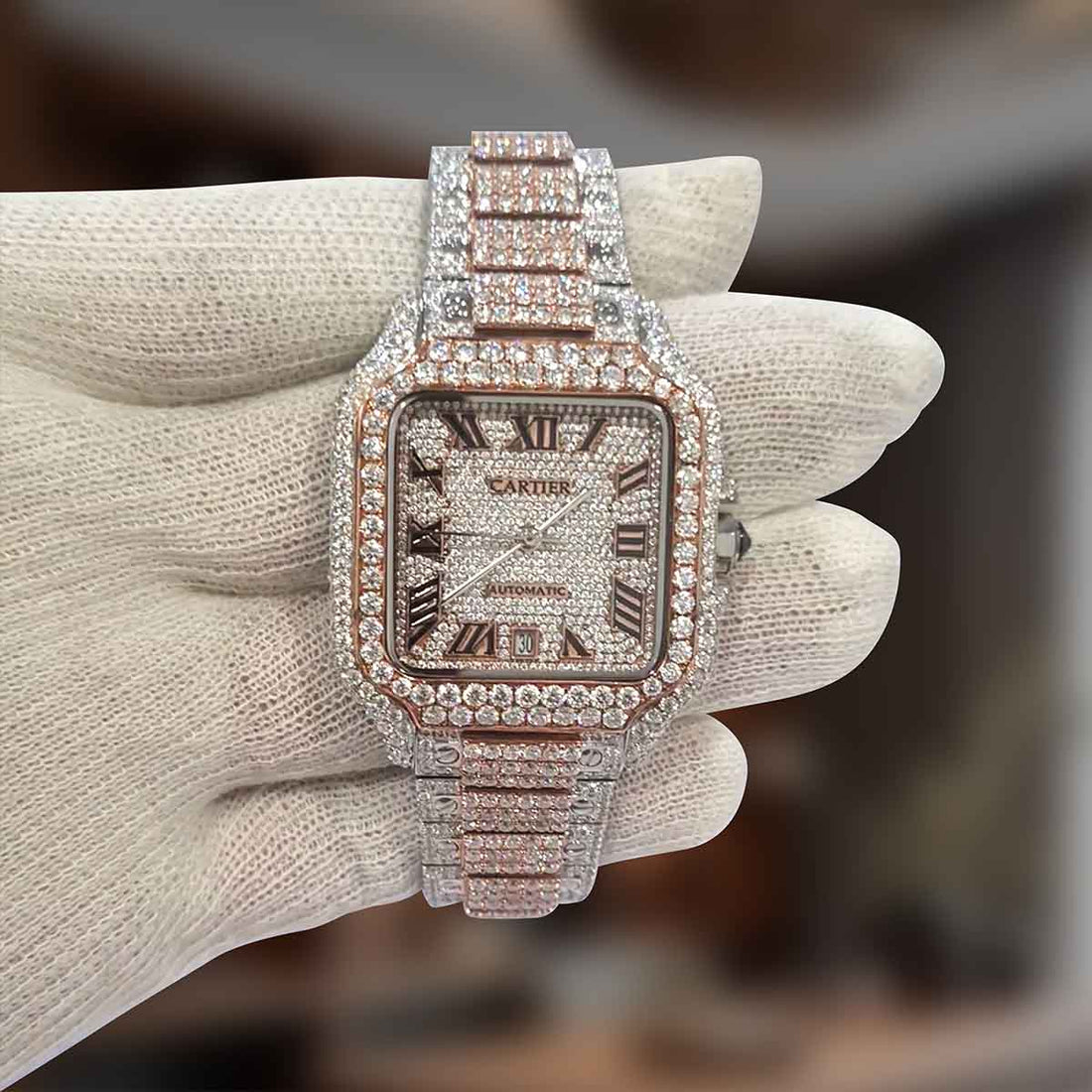 Iced Out Santos De Cartier Watch CZ Diamond Smartlink Bracelet
