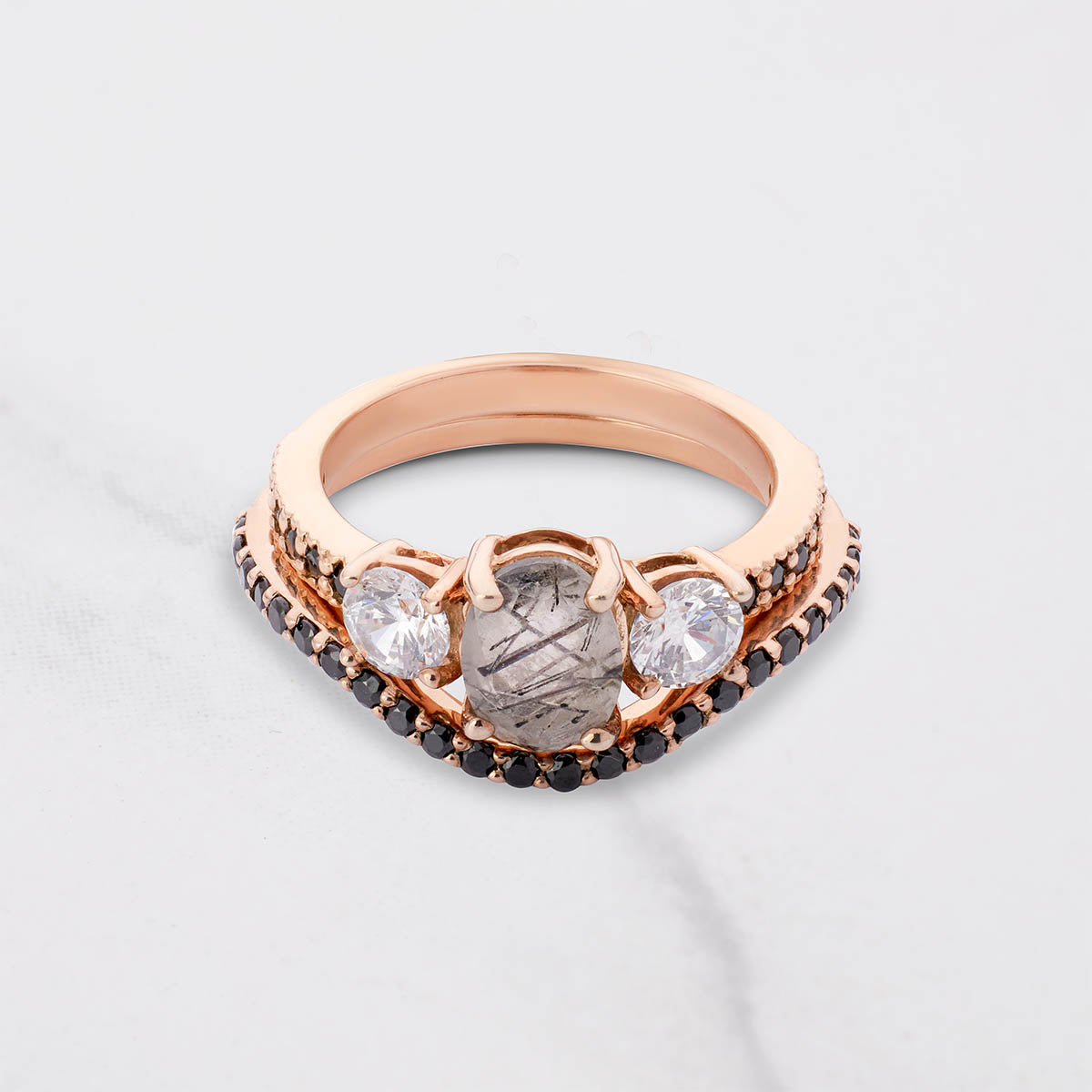 Rutilated Quartz Engagement Ring Set 3 Stone Bridal Rings