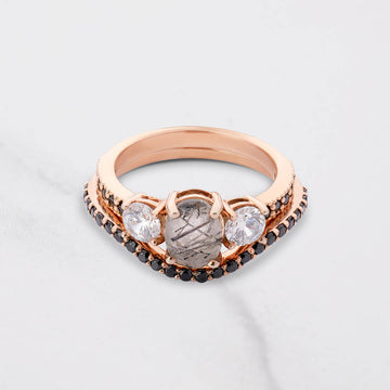 Rutilated Quartz Engagement Ring Set 3 Stone Bridal Rings
