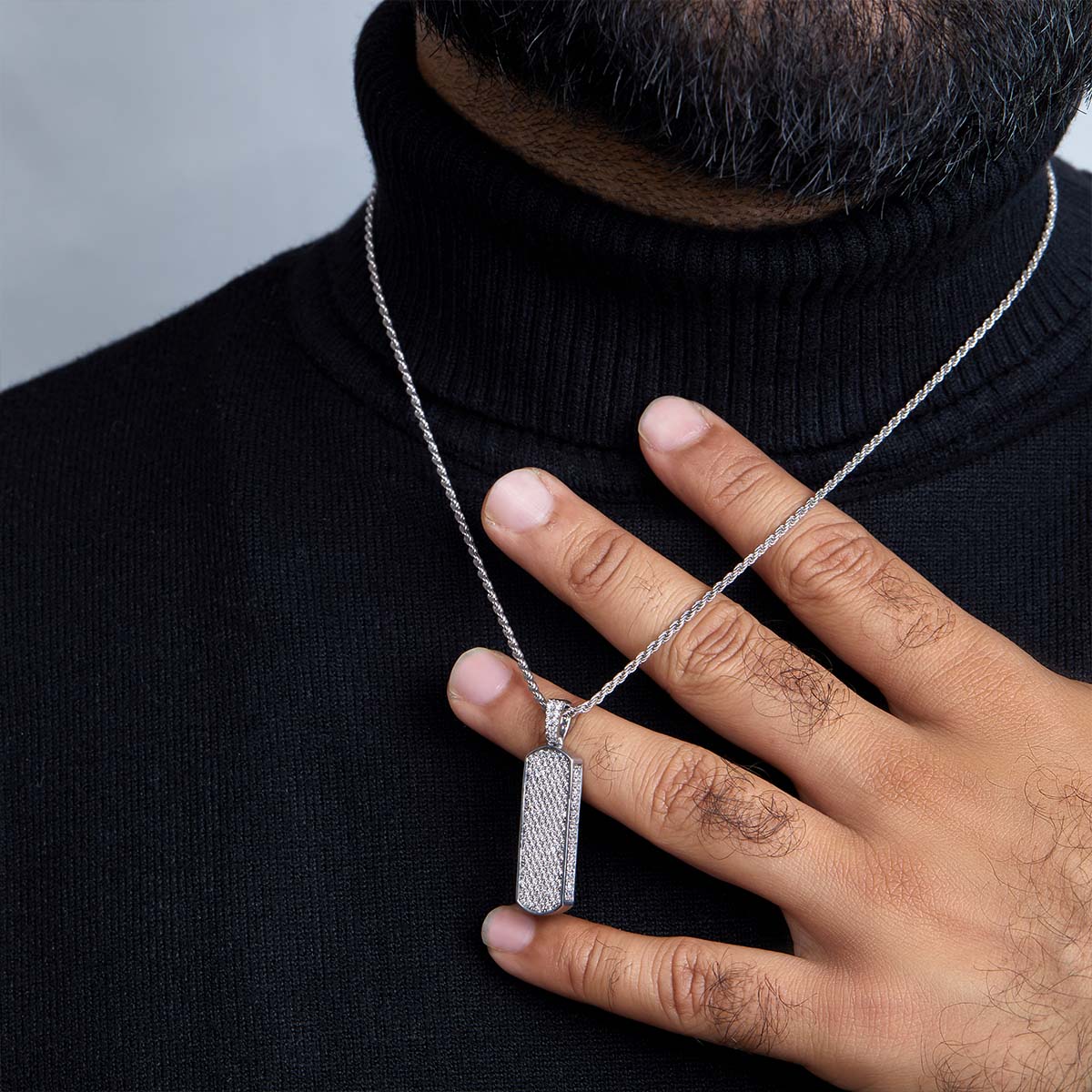 Iced Out Vertical Bar Necklace Hip Hop Pendant Unisex Jewelry Sterling Silver