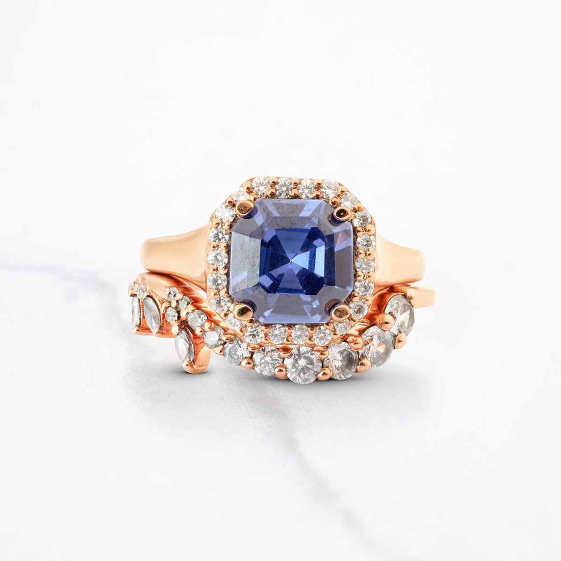 Heart of The Ocean - Blue Titanic Gemstone Halo Bridal Ring Set