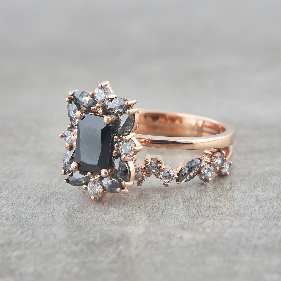 Natural Black Diamond Engagement Ring Set