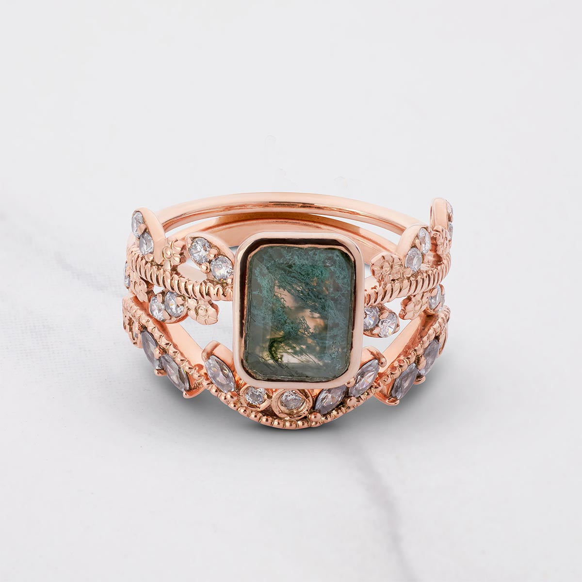 Natural Moss Agate and Moissanite Vintage Engagement Ring Set