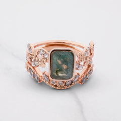 Natural Moss Agate and Moissanite Vintage Engagement Ring Set
