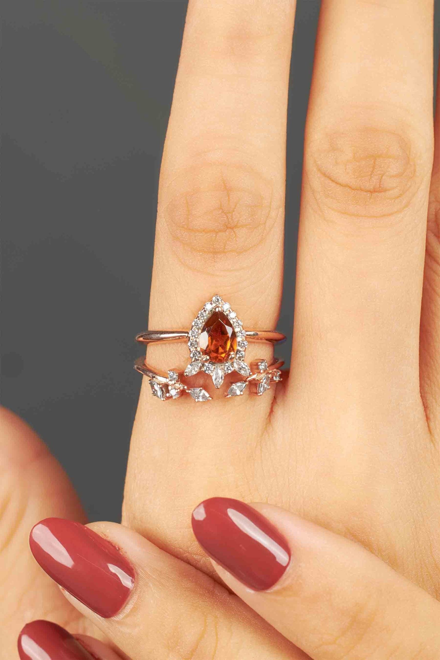 Teardrop Hessonite Engagement Ring Rose Gold Halo Bridal Set