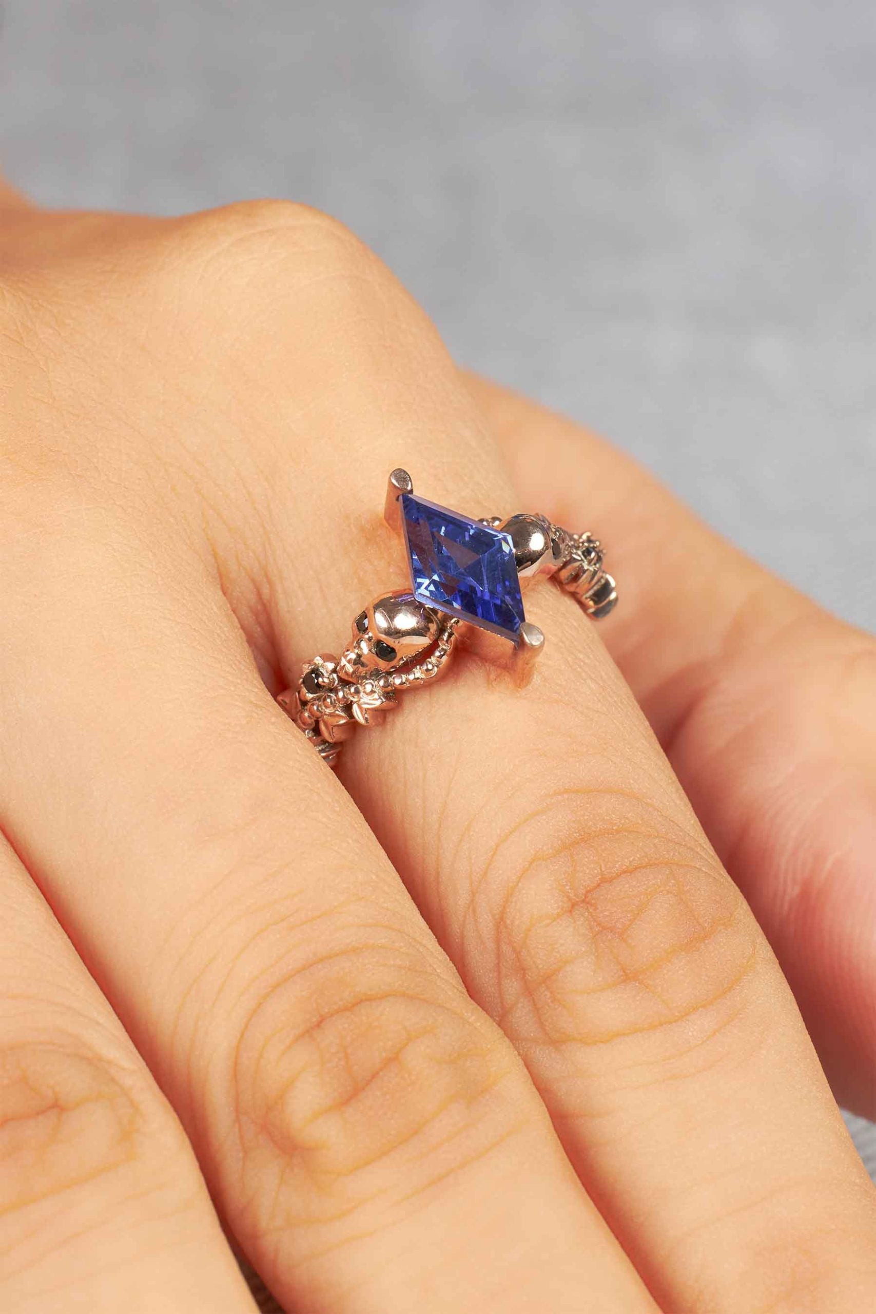 Floral Art Deco Skull Ring Blue Titanic Gemstone Kite Cut Gothic Engagement Rings Rose gold