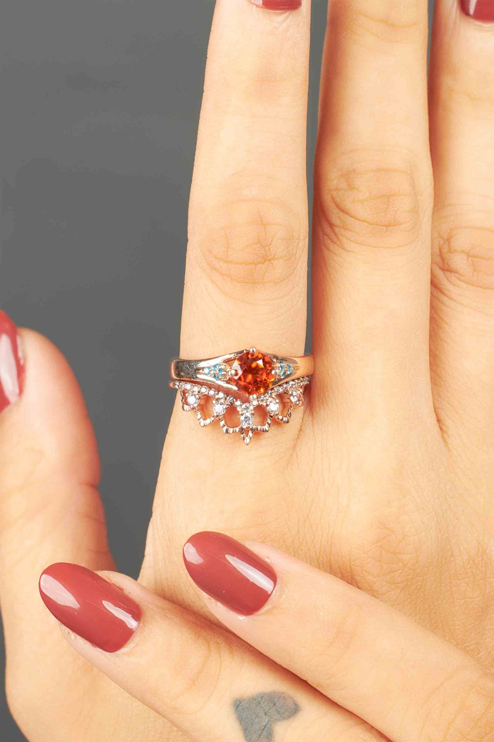 Cocktail Engagement Ring Set Orange Sapphire Bridal Rings