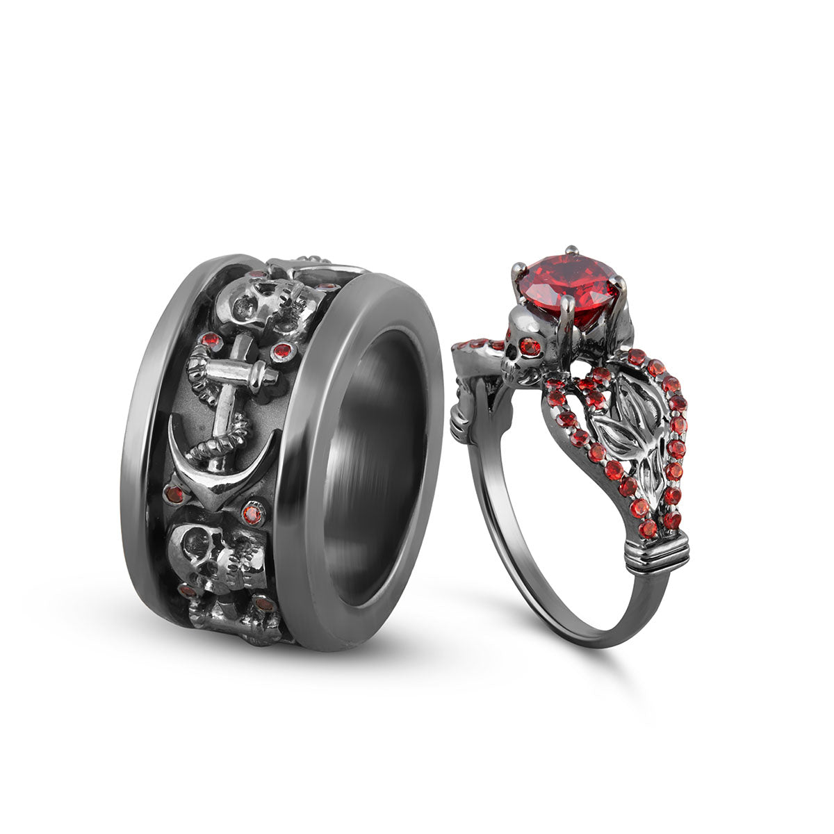 Matching Skull Rings His and Her Garnet Anchor Wedding Rings