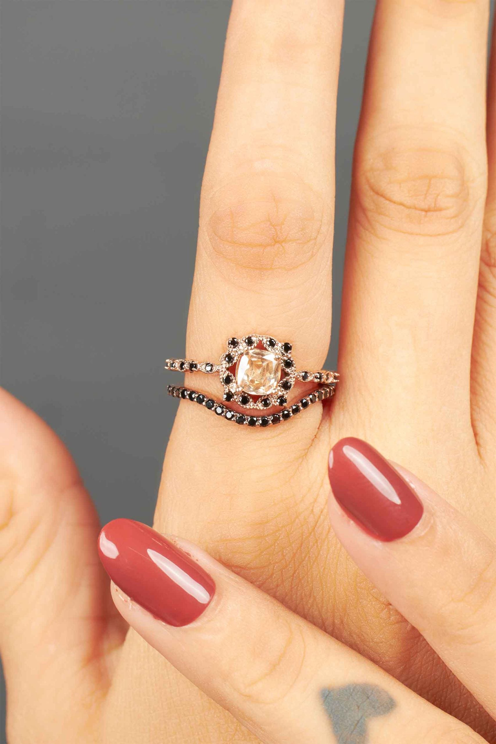 Vintage Engagement Ring Set 14k Rose Gold Cushion Cut CZ