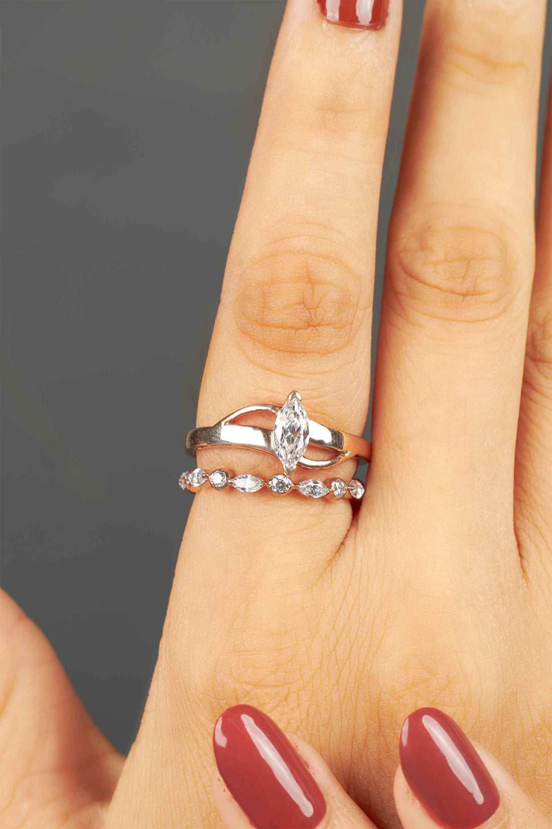 Marquise Diamond Ring Set Rose Gold Solitaire Bridal Rings Set