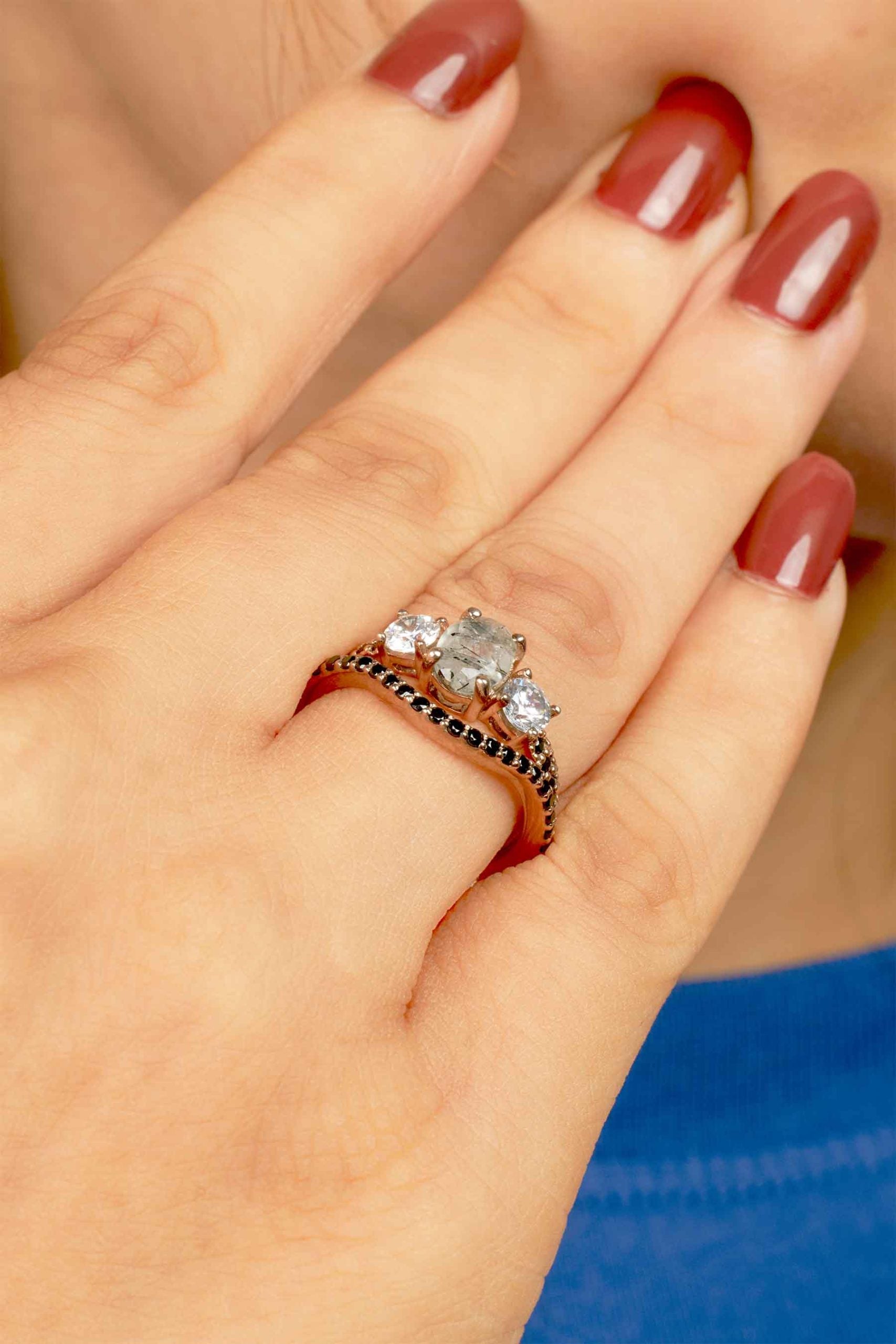 Rutilated Quartz Engagement Ring Set 3 Stone Bridal Rings