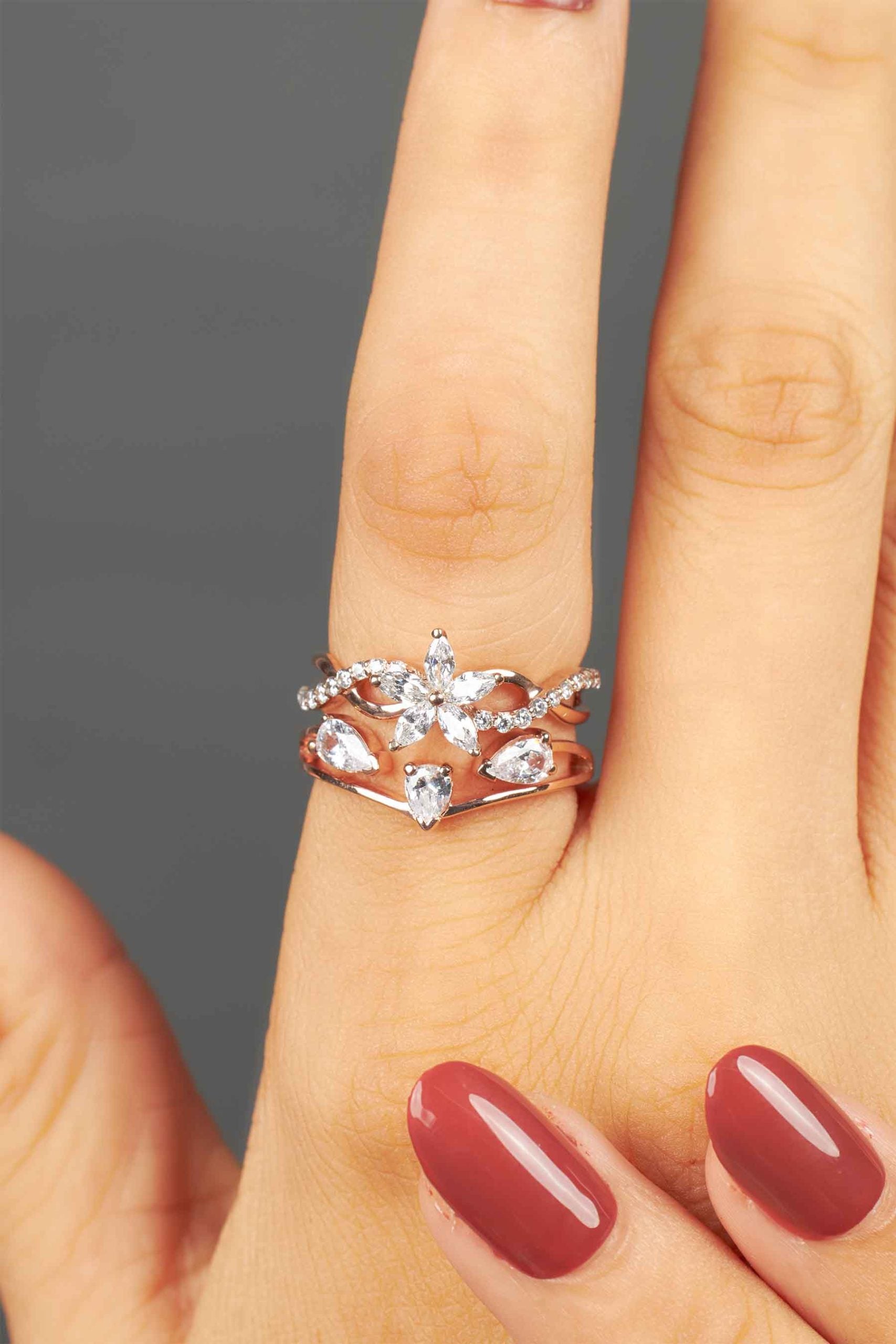 Blossom Flower Engagement Ring Set 3 Stone Wedding Band Bridal Sets Rose Gold