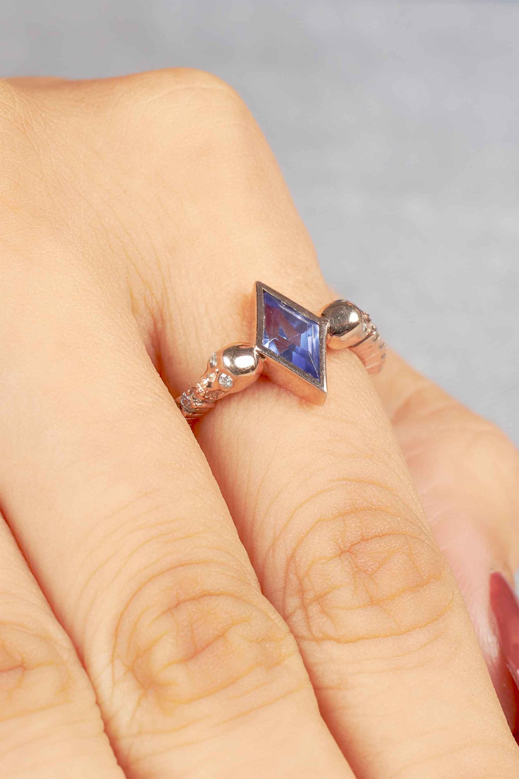 Skull Ring Kite Cut Titanic Blue Gemstone Gothic Engagement Rings Rose Gold