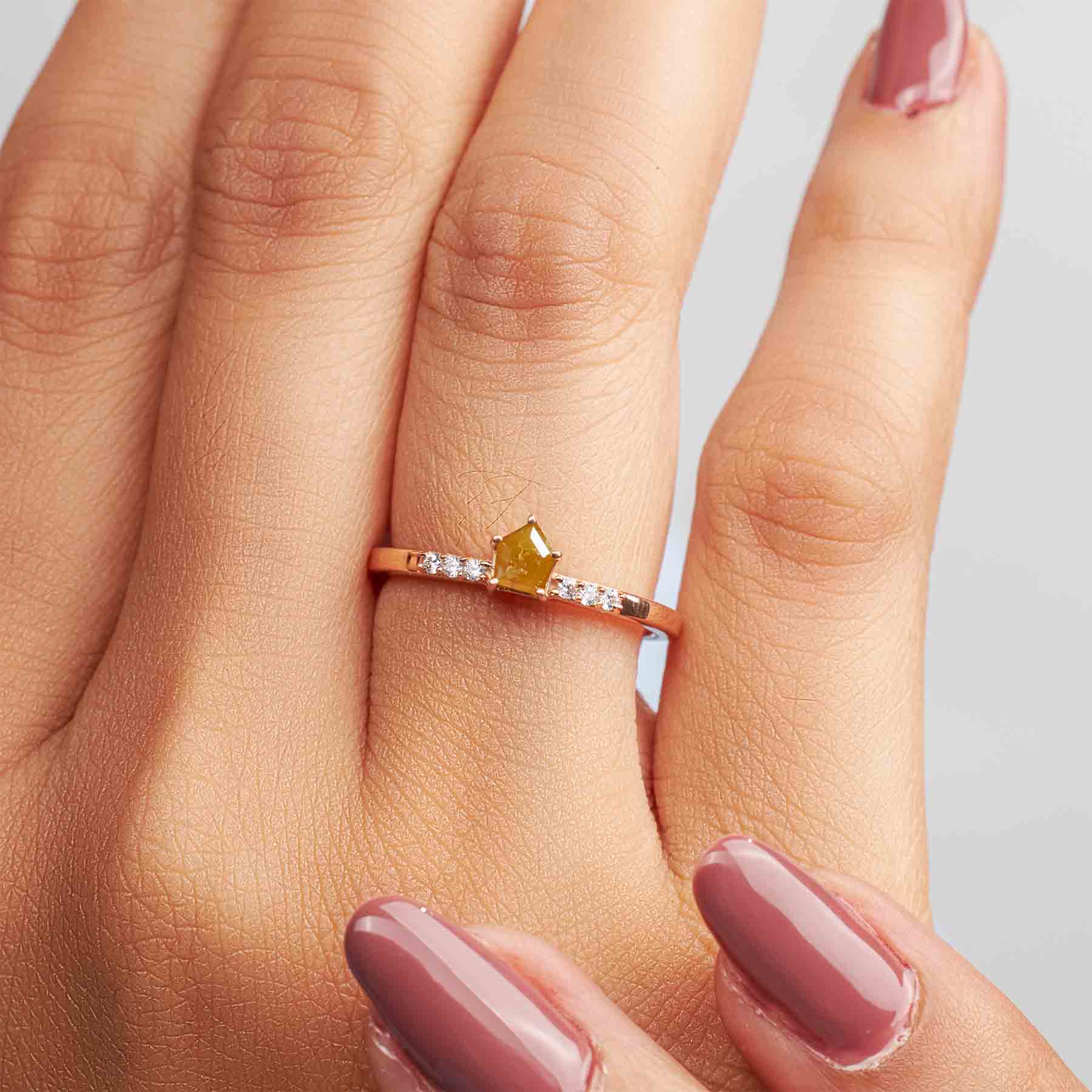 Shield Cut Yellow Natural Rustic Diamond Dainty Engagement Ring