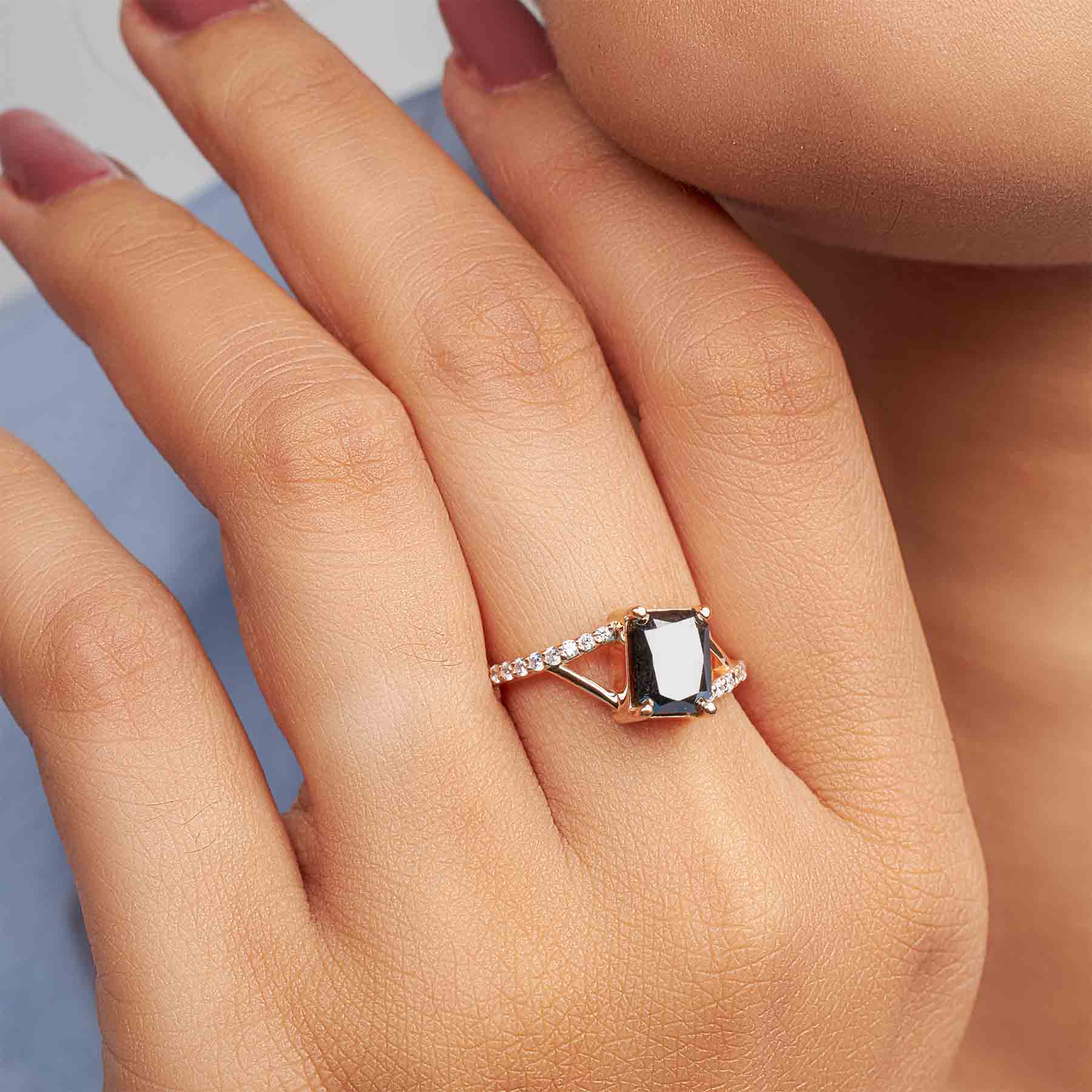 Radiant Cut Black Natural Diamond Engagement Ring Rose Gold